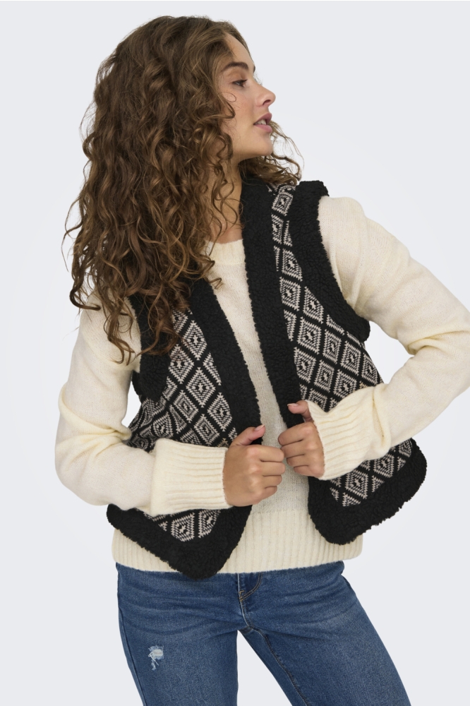 ONLJESSIE AZTEC TEDDY WAISTCOAT CS 15323165 Black/AZTEC ECRU